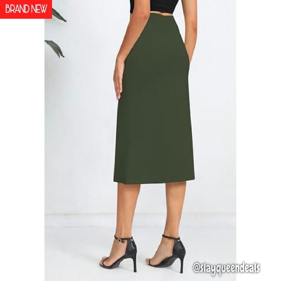 Stretch High Waist Pencil Skirt Midi Slit Office Bodycon - Picture 6 of 7